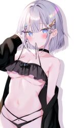 Rule 34 | 1girl, bikini, black bikini, black choker, blue eyes, blush, breasts, choker, cleavage, commentary, commission, frilled bikini, frills, grey hair, hair ornament, hairclip, hakua aa, highres, jacket, looking at viewer, medium breasts, mouth hold, navel, off shoulder, open clothes, open jacket, original, simple background, skeb commission, swimsuit, symbol-only commentary, underboob, white background