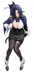 Rule 34 | 1girl, absurdres, black bra, black pantyhose, black skirt, blue hair, blue hat, blush, bra, breasts, brooch, cleavage, clorinde (genshin impact), closed mouth, commentary, full body, genshin impact, gloves, hat, high heels, highres, jewelry, large breasts, long sleeves, pantyhose, purple eyes, simple background, skirt, solo, thighs, underwear, usagol7, white background, white footwear, white gloves