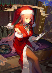Rule 34 | 1girl, absurdres, bow, bowtie, braid, breasts, checkerboard cookie, clipboard, cookie, dress, fate/grand order, fate (series), feathers, florence nightingale (fate), florence nightingale (santa) (fate), food, fur trim, hat, highres, holding, jacket, large breasts, long hair, looking at viewer, pantyhose, pink hair, red eyes, red hat, red jacket, santa costume, santa hat, solo, taro-k, thighhighs