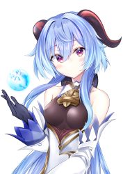 Rule 34 | 1girl, absurdres, ahoge, bare shoulders, bell, black gloves, blue hair, blush, breasts, curled horns, detached sleeves, ganyu (genshin impact), genshin impact, gloves, gold trim, highres, horns, lifrene, long hair, looking at viewer, medium breasts, neck bell, orb, purple eyes, sidelocks, solo, upper body, white background, white sleeves