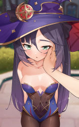 Rule 34 | 1girl, 1other, arms behind back, bare shoulders, blurry, blurry background, blush, breasts, breasts apart, brown pantyhose, commentary, covered navel, cowboy shot, crescent, genshin impact, green eyes, hand on another&#039;s face, hat, highres, kemile, leotard, long hair, medium breasts, mona (genshin impact), no cape, no choker, pantyhose, parted lips, ponytail holder, pov, pov hands, purple hair, purple headwear, purple leotard, sidelocks, solo focus, sparkle print, star (symbol), strapless, strapless leotard, swept bangs, thighs, twintails, witch hat