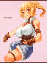 Rule 34 | 1girl, armband, bare shoulders, blonde hair, blue eyes, blush, breasts, corset, face, fingerless gloves, gloves, impossible clothes, impossible shirt, large breasts, original, ponytail, sachito, shirt, shorts, smile, solo, taut clothes, taut shirt
