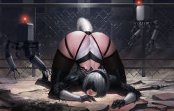 Rule 34 | 1girl, absurdres, all fours, anal, anal object insertion, anal tail, ass, blindfold, boots, butt plug, butt plug tail, fake tail, fence, gloves, high heel boots, high heels, highres, huge ass, leotard, leshin, lips, nier:automata, nier (series), object insertion, parted lips, pod (nier:automata), robot, sex toy, silver hair, skin tight, skindentation, tail, thick thighs, thighhighs, thighs, top-down bottom-up, wide hips, 2b (nier:automata)