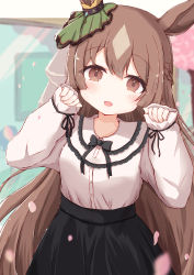 Rule 34 | 1girl, :d, absurdres, animal ears, black bow, black skirt, blush, bow, breasts, brown eyes, brown hair, collared shirt, commentary request, dress shirt, frilled shirt collar, frills, hair between eyes, half updo, hands up, highres, horse ears, long hair, long sleeves, looking at viewer, medium breasts, multicolored hair, open mouth, puffy long sleeves, puffy sleeves, ridy (ri sui), satono diamond (umamusume), shirt, skirt, sleeves past wrists, smile, solo, two-tone hair, umamusume, very long hair, white shirt