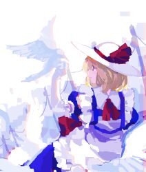 Rule 34 | 1girl, apron, bird, blonde hair, blue dress, brown eyes, closed mouth, collared dress, commentary request, dove, dress, flat chest, frilled apron, frills, hat, hat ribbon, highres, kaigen 1025, kana anaberal, medium hair, neck ribbon, puffy short sleeves, puffy sleeves, red ribbon, ribbon, short sleeves, sketch, smile, solo, touhou, touhou (pc-98), white apron, white bird, white hat