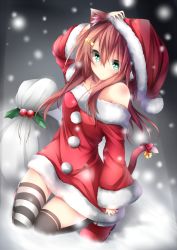 Rule 34 | 1girl, animal ears, bell, brown hair, cat ears, cat tail, chabaneko, fortissimo, g-clef, green eyes, hair ornament, hairpin, hat, headphones, highres, kneeling, musical note, musical note hair ornament, original, ribbon, sack, santa costume, santa hat, snowing, striped clothes, striped thighhighs, tail, tail bell, tail ornament, tail ribbon, tarutaru22, thighhighs, treble clef, yonari phone neon