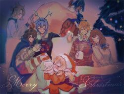 Rule 34 | 2boys, 5girls, albedo (genshin impact), alternate costume, amber (genshin impact), beer mug, christmas, christmas tree, closed eyes, closed mouth, cup, eula (genshin impact), finger to mouth, genshin impact, gloves, hat, holding, holding cup, jean (genshin impact), kaeya (genshin impact), kiegenshin, klee (genshin impact), lisa (genshin impact), mug, multiple boys, multiple girls, santa costume, santa gloves, santa hat, smile