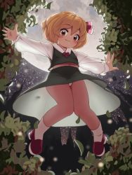 Rule 34 | 1girl, arms up, beads, black skirt, black vest, blonde hair, blush, brown eyes, closed mouth, commentary request, drooling, flat chest, floating, from below, full moon, hair between eyes, hair ribbon, highres, housulu, knees together feet apart, looking at viewer, midriff peek, moon, navel, night, night sky, outstretched arms, panties, plant, red eyes, red footwear, red neckwear, red ribbon, ribbon, rumia, short hair, skirt, skirt set, sky, smile, solo, star (sky), starry sky, touhou, tree, underwear, upskirt, vest, white legwear, white panties, wind, wind lift