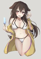 Rule 34 | :3, animal ears, bad id, bad twitter id, bikini, blush, breasts, brown eyes, brown hair, commentary, cropped legs, dog ears, dog girl, dog tail, food, grey background, highres, hololive, inugami korone, jacket, kurohikage, large breasts, long hair, looking at viewer, navel, open mouth, popsicle, simple background, solo, string bikini, swimsuit, tail, thigh gap, tongue, tongue out, virtual youtuber, white bikini