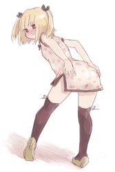 Rule 34 | 13o, 1girl, :t, ass, black socks, blonde hair, blush, china dress, chinese clothes, dress, hand on ass, high heels, iijima yun, kneehighs, leaning forward, looking at viewer, looking back, new game!, pink eyes, pout, shadow, short sleeves, sketch, socks, solo, two side up, white background, white dress
