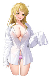 Rule 34 | 1girl, absurdres, arm at side, bang dream!, blonde hair, breasts, buttons, cleavage, collarbone, collared shirt, commentary, covered erect nipples, cowboy shot, cropped legs, diagonal bangs, dopamine70, fingernails, gluteal fold, hand up, highres, large breasts, long hair, long sleeves, looking at viewer, no bra, no pants, open mouth, panties, partially unbuttoned, purple panties, see-through, shirt, sidelocks, simple background, sleeves past fingers, sleeves past wrists, smile, solo, standing, symbol-only commentary, teeth, tsurumaki kokoro, underwear, upper teeth only, white background, white shirt, yellow eyes