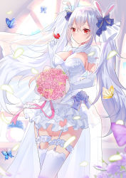 Rule 34 | 1girl, absurdres, alternate breast size, animal, animal ears, azur lane, blue bow, blue flower, blue rose, blush, bouquet, bow, breasts, bride, bug, butterfly, butterfly on hand, cleavage, closed mouth, commentary request, dress, elbow gloves, flower, garter straps, gloves, hair between eyes, hair bow, hair ribbon, highres, holding, holding bouquet, hum (ten ten), insect, laffey (azur lane), laffey (white rabbit&#039;s oath) (azur lane), long hair, looking away, medium breasts, pink flower, pink rose, rabbit ears, ribbon, ribbon trim, rose, silver hair, solo, striped, striped bow, thighhighs, twintails, very long hair, wedding dress, white dress, white gloves, white ribbon, white thighhighs