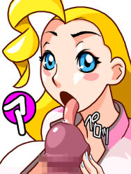 Rule 34 | 1girl, blonde hair, blue eyes, blush, capcom, censored, justice gakuen, jyubei, licking, lowres, open mouth, oral, penis, saliva, tiffany lords, tongue, tongue out