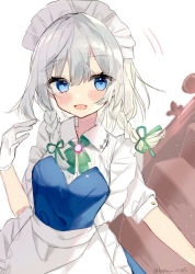 Rule 34 | 1girl, apron, blue dress, blue eyes, blush, bow, bowtie, braid, breasts, collared shirt, dress, eyes visible through hair, gem, gloves, green bow, green bowtie, grey hair, hair between eyes, hair bow, hand up, izayoi sakuya, jewelry, looking to the side, maid, maid headdress, medium breasts, open mouth, puffy short sleeves, puffy sleeves, shirt, short hair, short sleeves, simple background, smile, solo, stairs, touhou, twin braids, white apron, white background, white gloves, white shirt, yumeno ruruka