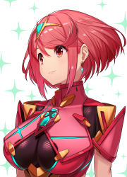 Rule 34 | 1girl, absurdres, breasts, chest jewel, earrings, gem, green322, headpiece, highres, jewelry, large breasts, pyra (xenoblade), red eyes, red hair, short hair, simple background, solo, swept bangs, tiara, white background, xenoblade chronicles (series), xenoblade chronicles 2