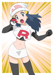 Rule 34 | 1girl, absurdres, alternate costume, black gloves, black hair, boots, border, clenched hand, commentary request, cosplay, creatures (company), cropped jacket, dawn (pokemon), elbow gloves, eyelashes, game freak, gloves, grey eyes, hainchu, hair ornament, hairclip, hand up, head tilt, highres, holding, holding poke ball, jacket, jessie (pokemon), jessie (pokemon) (cosplay), logo, long hair, looking at viewer, nintendo, open mouth, poke ball, poke ball (basic), pokemon, pokemon (anime), pokemon dppt (anime), shirt, skirt, solo, team rocket, team rocket uniform, thigh boots, tongue, white border, white jacket, white skirt
