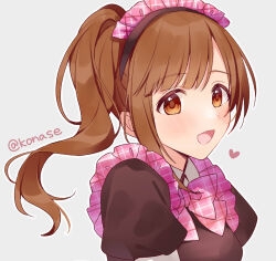 Rule 34 | 1girl, blush, bow, bowtie, breasts, brown eyes, brown hair, brown shirt, from side, grey background, headdress, heart, idolmaster, idolmaster cinderella girls, idolmaster cinderella girls starlight stage, igarashi kyoko, konase (non stop!), long hair, looking at viewer, medium breasts, open mouth, pink bow, pink bowtie, plaid, plaid bow, plaid bowtie, portrait, shirt, short sleeves, side ponytail, simple background, smile, solo, twitter username