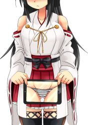 Rule 34 | 1girl, bare shoulders, black hair, boots, camouflage, computer, dazzle paint, detached sleeves, haruna (kancolle), holding, holding tablet pc, imagawa akira, japanese clothes, kantai collection, long hair, monitor, nontraditional miko, panties, ribbon-trimmed sleeves, ribbon trim, skirt, solo, striped clothes, striped panties, tablet pc, thigh boots, thighhighs, underwear