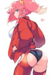 Rule 34 | 1girl, aina ardebit, ass, asymmetrical legwear, black panties, blue eyes, breasts, commentary request, cowboy shot, cropped jacket, crown, from behind, hands in pockets, heart, highres, jacket, large breasts, long hair, looking at viewer, looking back, panties, pink hair, ponytail, promare, red jacket, red legwear, shirt, side ponytail, simple background, solo, takatsuki ichi, thighs, torn clothes, torn legwear, underwear, uneven legwear, wedgie, white background, white shirt