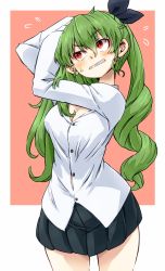 Rule 34 | 1girl, adjusting hair, anchovy (girls und panzer), anzio school uniform, aono3, blush, breasts, cleavage, drill hair, flying sweatdrops, girls und panzer, green hair, highres, long hair, pink background, red eyes, school uniform, solo, twin drills, twintails