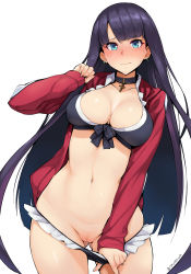 Rule 34 | 1girl, bad id, bad pixiv id, bikini, bikini pull, blue eyes, blush, breasts, choker, cleavage, cleft of venus, clothes pull, collarbone, cross, curvy, earrings, embarrassed, fate/grand order, fate (series), frilled bikini, frills, front-tie top, highres, jacket, jacket over swimsuit, jewelry, kurowa, large breasts, long hair, looking at viewer, martha (fate), martha (swimsuit ruler) (fate), martha (swimsuit ruler) (second ascension) (fate), navel, pulled by self, purple hair, pussy, pussy juice, solo, standing, sweatdrop, swimsuit, twitter username, uncensored, wide hips