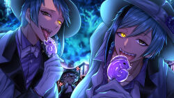 Rule 34 | 2boys, azul ashengrotto, blue background, blue hair, brothers, brown eyes, floyd leech, food, gloves, glowing, glowing eyes, hat, heterochromia, highres, holding, holding food, holding popsicle, jade leech, licking, looking at viewer, male focus, mitsunari miyako, multiple boys, popsicle, sharp teeth, short hair, siblings, slit pupils, teeth, tongue, tongue out, twins, twisted wonderland, upper body, white gloves, yellow eyes