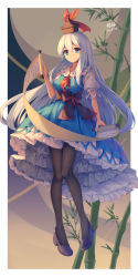 Rule 34 | 1girl, absurdres, alternate legwear, ascot, bamboo, black bow, black hat, black pantyhose, blue dress, blue eyes, blue footwear, blue hair, bow, closed mouth, commentary, dated, dress, frills, full body, hair between eyes, hat, highres, holding, holding scroll, kamishirasawa keine, knees together feet apart, long hair, looking at viewer, mechrailgun, pantyhose, petticoat, pinafore dress, puffy short sleeves, puffy sleeves, red ascot, scroll, shirt, shoes, short sleeves, signature, sleeveless, sleeveless dress, smile, solo, symbol-only commentary, tokin hat, touhou, waist bow, white shirt
