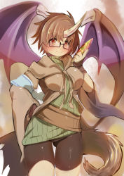 Rule 34 | 1girl, absurdres, aussa the earth charmer, belt, bike shorts, breasts, brown eyes, brown hair, duel monster, fingerless gloves, glasses, gloves, highres, horns, jacket, large breasts, looking at viewer, ribbed sweater, short hair, single horn, smile, solo, sweater, tail, turtleneck, wide sleeves, wings, yaibaken, yu-gi-oh!
