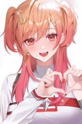 Rule 34 | 1girl, absurdres, chap yun, earrings, hair ornament, hairclip, half updo, heart, heart earrings, heart hands, highres, hololive, hololive dev is, ichijou ririka, jewelry, long hair, open mouth, orange eyes, orange hair, red nails, single earring, smile, solo, virtual youtuber, white background