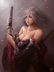 Rule 34 | 1girl, absurdres, bare shoulders, breasts, brown eyes, ceasar ian muyuela, cleavage, collarbone, fingernails, grey hair, highres, holding, holding sword, holding weapon, japanese clothes, katana, large breasts, light, long hair, original, petals, sharp fingernails, sheath, signature, solo, sword, unsheathing, weapon