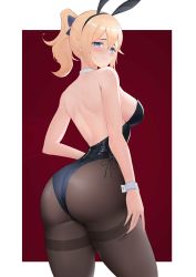 Rule 34 | 1girl, absurdres, animal ears, ass, back, bare shoulders, blonde hair, blue eyes, blush, breasts, genshin impact, hand on own thigh, highres, jean (genshin impact), jewelry, leotard, looking at viewer, looking back, medium breasts, necklace, pantyhose, ponytail, rabbit ears, sideboob, ultra-13