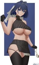 Rule 34 | 1girl, absurdres, bare arms, bare shoulders, black gloves, blue eyes, blue hair, border, bow, bow earrings, breasts, chain, closed mouth, cowboy shot, crop top, earrings, gloves, hair intakes, hairband, highres, holding, holding pocket watch, hololive, hololive english, jewelry, large breasts, looking at viewer, neck ribbon, ouro kronii, ouro kronii (1st costume), paid reward available, pocket watch, ribbon, ribbon earrings, short hair, skindentation, solo, thighhighs, thighs, twitter username, underboob, veil, virtual youtuber, watch, white border, zaphn, zipper, zipper pull tab