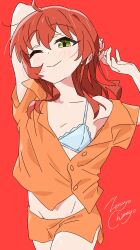 Rule 34 | 1girl, ;), absurdres, ahoge, arms up, blush, bocchi the rock!, breasts, green eyes, highres, kita ikuyo, looking at viewer, one eye closed, orange shirt, orange shorts, red background, red hair, shirt, shorts, simple background, small breasts, smile, solo, zetsuyo chimayo