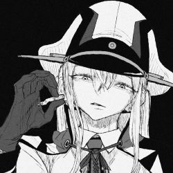 Rule 34 | 1girl, black background, black gloves, celtic knot, cigarette, eyelashes, gloves, graf zeppelin (kancolle), greyscale, hair between eyes, hat, highres, holding, holding cigarette, kantai collection, long hair, long sleeves, looking at viewer, military, military hat, military uniform, monochrome, open mouth, peaked cap, sidelocks, solo, tocky, twintails, uniform