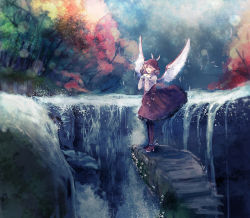 Rule 34 | 1girl, animal ears, autumn, autumn leaves, bad id, bad pixiv id, bird ears, bird wings, boots, brown dress, brown footwear, day, dress, feathered wings, feathers, forest, hands on own chest, hat, ikeuchi tanuma, ledge, light particles, music, mystia lorelei, nature, pink hair, short hair, singing, solo, standing, steam, thigh boots, thighhighs, touhou, tree, water, waterfall, wind, wings