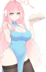 Rule 34 | 1girl, ahoge, bare arms, black thighhighs, blue archive, blue dress, blush, bow, braid, breasts, china dress, chinese clothes, chopsticks, cleavage, closed mouth, commentary, covered navel, dress, dumpling, fingernails, food, gradient hair, green eyes, groin, hair between eyes, hair bow, halo, hanako (blue archive), happy, highres, holding, holding chopsticks, holding plate, jiaozi, large breasts, long hair, looking at viewer, multicolored hair, nail polish, parsleyshrimp, pelvic curtain, pink hair, pink halo, pink nails, plate, simple background, single braid, smile, solo, thighhighs, thighs, white background, white bow