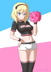 Rule 34 | 1girl, absurdres, black shirt, black thighhighs, blonde hair, blue eyes, blush, breasts, cheerleader, closed mouth, dated, drops mint, girls und panzer, hairband, hand on own hip, highres, large breasts, looking at viewer, midriff, navel, oshida (girls und panzer), pom pom (cheerleading), shirt, short hair, shorts, signature, smile, solo, thighhighs, white shorts