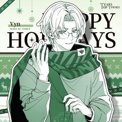 Rule 34 | 1boy, character name, copyright name, glasses, green background, green theme, hand up, long sleeves, looking at viewer, male focus, official art, outline, parted bangs, parted lips, scarf, shirt, smile, solo, tears of themis, thick eyebrows, vyn richter (tears of themis), white outline