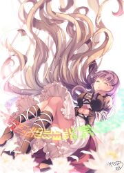 Rule 34 | 1girl, black footwear, blonde hair, boots, breasts, closed eyes, commentary request, cross-laced clothes, dress, flower, gradient hair, highres, hijiri byakuren, juliet sleeves, kemo chiharu, large breasts, layered dress, long hair, long sleeves, lotus, multicolored hair, open mouth, petals, puffy sleeves, purple hair, solo, sorcerer&#039;s sutra scroll, thigh boots, touhou, turtleneck, turtleneck dress, two-tone hair, wavy hair, white dress