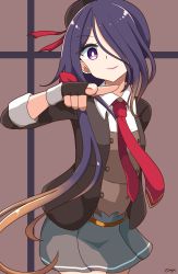 Rule 34 | 1girl, ariake (kancolle), beret, black gloves, black hat, brown background, collared shirt, commentary request, cowboy shot, fingerless gloves, gloves, grey skirt, hair over one eye, hat, highres, kantai collection, long hair, long sleeves, looking at viewer, necktie, pirikara spicy tapioca, pleated skirt, pointing, pointing at viewer, purple eyes, red necktie, shirt, skirt, solo, standing, two-tone background