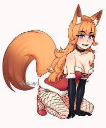 Rule 34 | 1girl, absurdres, all fours, animal collar, animal ears, bare shoulders, black collar, black gloves, collar, collarbone, commentary, commission, dorua (dollar), dress, elbow gloves, fishnet pantyhose, fishnets, fox ears, fox girl, fox tail, fur-trimmed dress, fur trim, gloves, highres, megumi (merc tw), pantyhose, red dress, red footwear, rob ishi, santa costume, santa dress, shoes, simple background, smile, solo, tail, teeth, upper teeth only, white background
