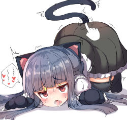 Rule 34 | 1girl, absurdres, all fours, animal ears, animal hands, black thighhighs, blue hair, blunt bangs, blunt ends, blush, cat ears, cat paws, cat tail, dark blue hair, drooling, full-face blush, garter straps, heart, highres, idolmaster, idolmaster cinderella girls, idolmaster cinderella girls starlight stage, pov, pov hands, red eyes, sajo yukimi, saliva, simple background, solo, spoken heart, sweatdrop, tail, thighhighs, top-down bottom-up, trembling, umberblack