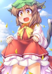 Rule 34 | 1girl, animal ears, blush, brown hair, cat ears, cat girl, cat tail, chen, earrings, fang, female focus, fun bo, jewelry, multiple tails, open mouth, petals, short hair, smile, solo, tail, touhou, yellow eyes