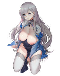 Rule 34 | 1girl, azur lane, belfast (azur lane), belfast (iridescent rosa) (azur lane), blue dress, blue eyes, blush, braid, breasts, breasts out, chain, china dress, chinese clothes, cleavage, collar, collarbone, dress, earrings, full body, highres, jewelry, kneeling, large breasts, long hair, looking at viewer, nipples, pandea work, shrug (clothing), signature, silver hair, simple background, smile, solo, thighhighs, very long hair, white background, white thighhighs