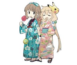 Rule 34 | 2girls, alternate costume, aqua bow, back bow, bag, black eyes, blonde hair, blue bow, blue kimono, bow, candy apple, candy print, character mask, closed eyes, creatures (company), floral print, food, full body, futaba anzu, game freak, gen 1 pokemon, hair bobbles, hair bow, hair ornament, highres, holding, holding bag, holding food, idolmaster, idolmaster cinderella girls, ikayaki, japanese clothes, kimono, long hair, long sleeves, looking at another, looking to the side, low twintails, mask, mask on head, multiple girls, nendo23, nintendo, obi, open mouth, pikachu, pink kimono, pinstripe kimono, plastic bag, pokemon, print kimono, raised eyebrows, sandals, sash, simple background, smile, tareme, twintails, two-tone bow, walking, water yoyo, white background, white bow, wide sleeves, yorita yoshino, yukata, zouri