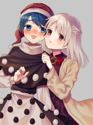 Rule 34 | 2girls, blue eyes, blue hair, blush, bow, bowtie, braid, brown eyes, brown jacket, capelet, commentary request, cowboy shot, doremy sweet, dress, french braid, grey background, hat, highres, jacket, kishin sagume, long sleeves, multiple girls, nightcap, nose blush, open clothes, open jacket, open mouth, pom pom (clothes), purple dress, red neckwear, short hair, silver hair, simple background, sweat, touhou, touya (konpekitou)