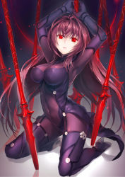 Rule 34 | 1girl, antenna hair, armpits, arms up, bad id, bad pixiv id, bodysuit, boots, breasts, cleavage, covered erect nipples, covered navel, eyebrows, fate/grand order, fate (series), female focus, full body, gae bolg (fate), gloves, high heel boots, high heels, kneeling, large breasts, long hair, looking at viewer, navel, panties, parted lips, polearm, purple bodysuit, purple hair, red eyes, red theme, sakuyosi, scathach (fate), see-through, skin tight, solo, spear, thighhighs, underwear, very long hair, weapon