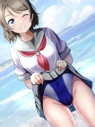 Rule 34 | 1girl, ;), blue eyes, borgbutler, brown hair, cameltoe, clothes lift, competition swimsuit, dutch angle, grey sailor collar, grey skirt, highres, lifting own clothes, looking at viewer, love live!, love live! sunshine!!, neckerchief, one-piece swimsuit, one eye closed, pleated skirt, red neckerchief, sailor collar, school uniform, shirt, short hair, short sleeves, skirt, skirt lift, smile, solo, swept bangs, swimsuit, swimsuit under clothes, tie clip, uranohoshi school uniform, watanabe you, white shirt