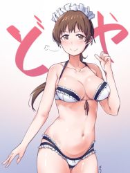 Rule 34 | 10s, 1girl, aningay, arms at sides, bad id, bad twitter id, bra, breasts, brown eyes, brown hair, cleavage, closed mouth, collarbone, cowboy shot, frill trim, frills, front-tie top, gradient background, highres, idolmaster, idolmaster cinderella girls, large breasts, looking at viewer, low ponytail, maid headdress, navel, nitta minami, panties, simple background, smile, solo, underwear, underwear only, white bra, white panties