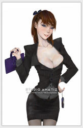 Rule 34 | 1girl, amatiz, bad id, bag, blue eyes, breasts, brown hair, bursting breasts, cleavage, formal, grin, hand on own hip, handbag, highres, hip focus, jacket, large breasts, long hair, md5 mismatch, original, pantyhose, pencil skirt, pinstripe pattern, realistic, resized, resolution mismatch, skirt, skirt suit, smile, solo, source smaller, striped, suit, upscaled